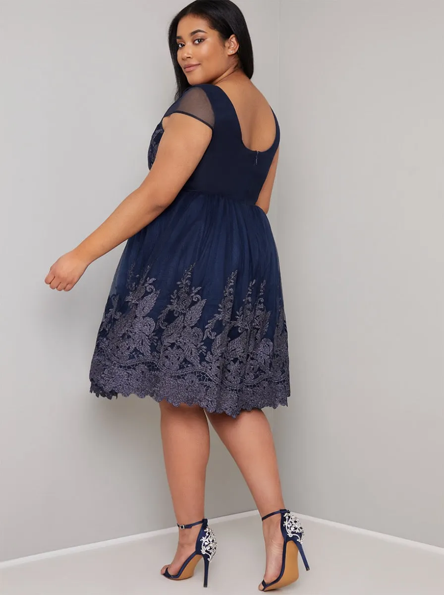 Cap Sleeve Embroidered Bodice Skater Dress in Navy sold by Chi Chi London product image thumbnail 3