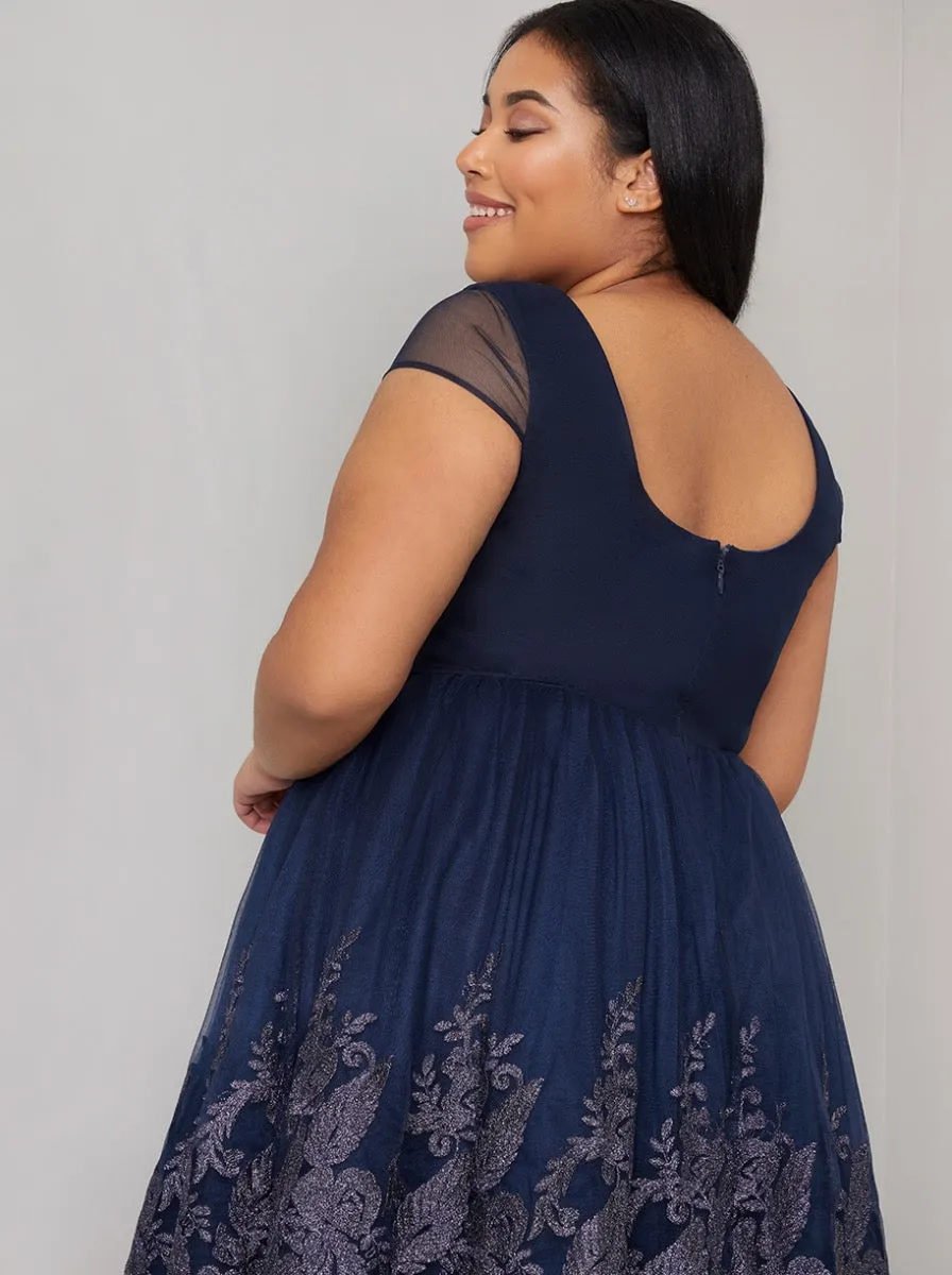 Cap Sleeve Embroidered Bodice Skater Dress in Navy sold by Chi Chi London product image thumbnail 4