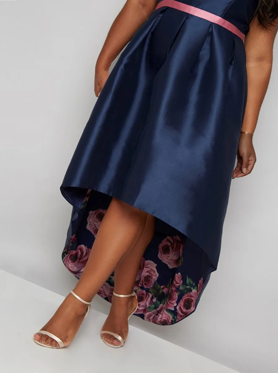 High Neck Floral Print Dip Hem Curve Midi Dress in Blue sold by Chi Chi London product image thumbnail 3