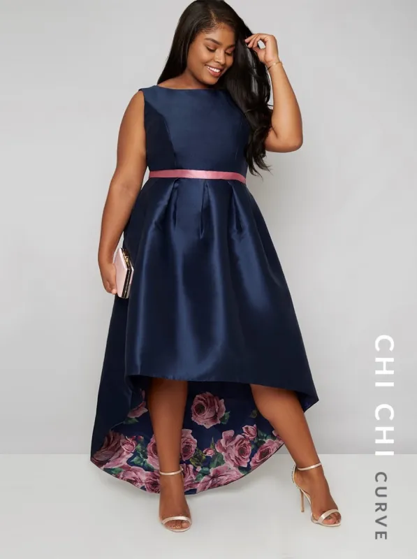 High Neck Floral Print Dip Hem Curve Midi Dress in Blue sold by Chi Chi London