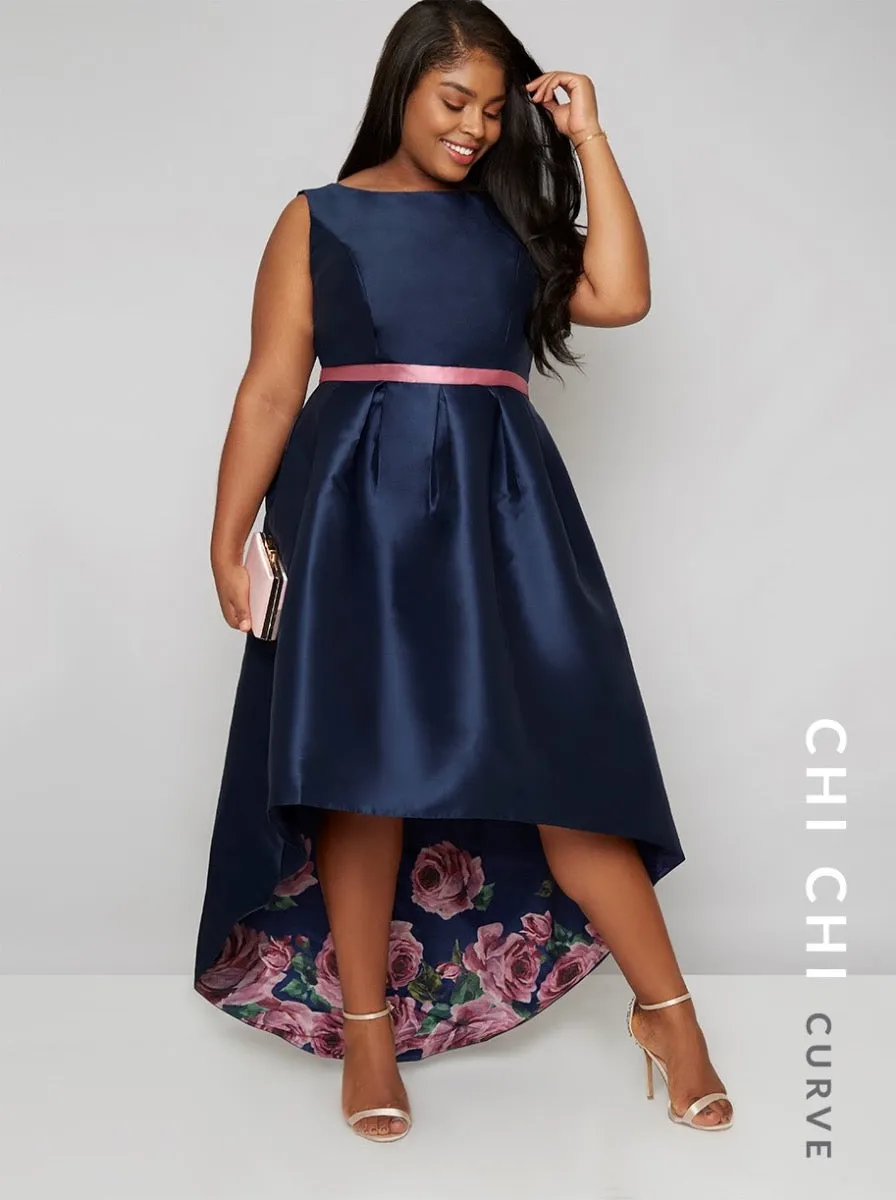 High Neck Floral Print Dip Hem Curve Midi Dress in Blue sold by Chi Chi London