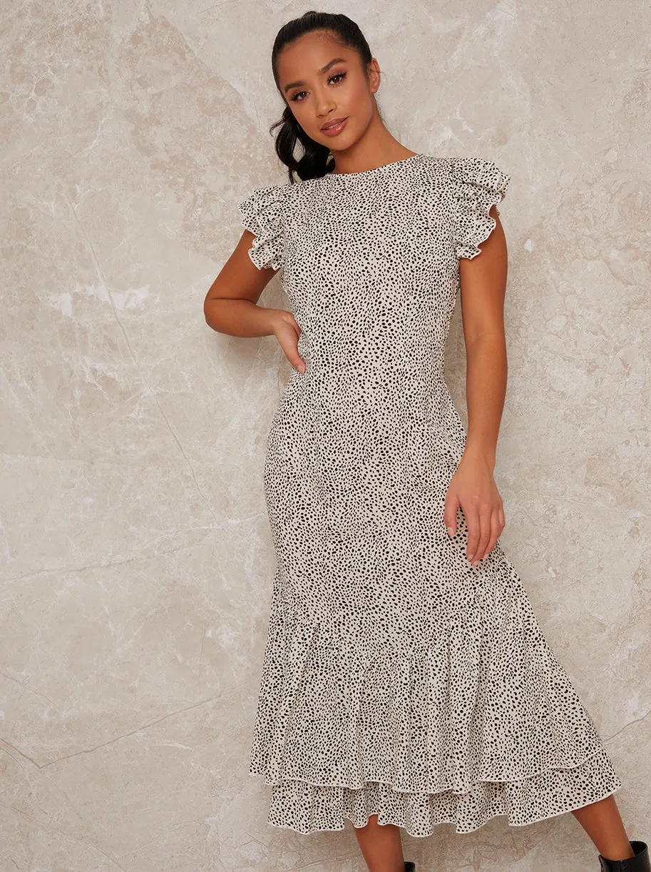 Petite Ruffle Hem Printed Short Sleeve Midi Dress in White sold by Chi Chi London product image thumbnail 2