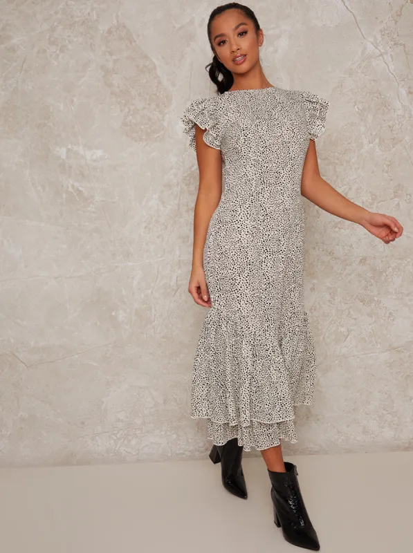 Petite Ruffle Hem Printed Short Sleeve Midi Dress in White sold by Chi Chi London