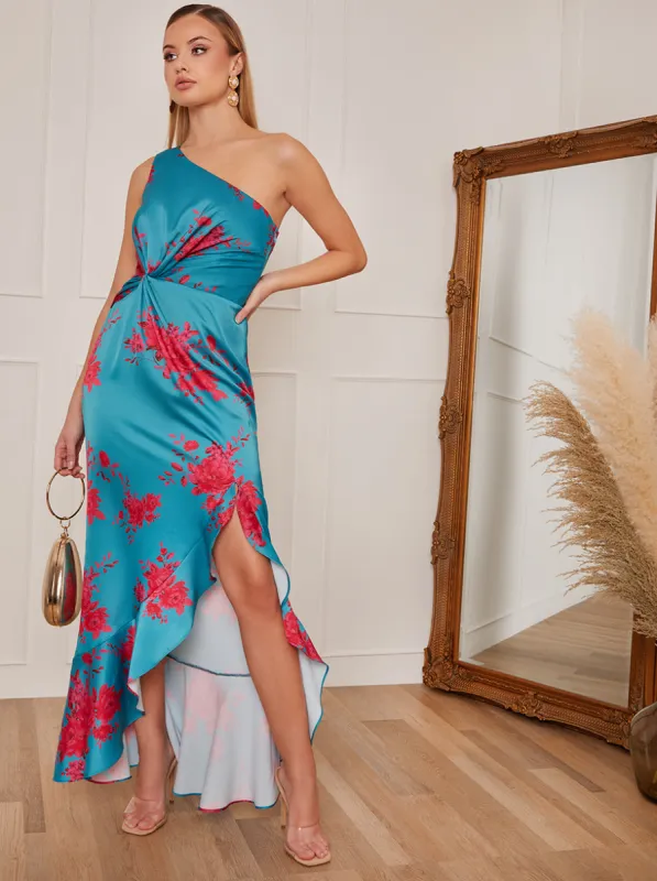 Petite One Shoulder Floral Printed Midi Dress in Blue sold by Chi Chi London
