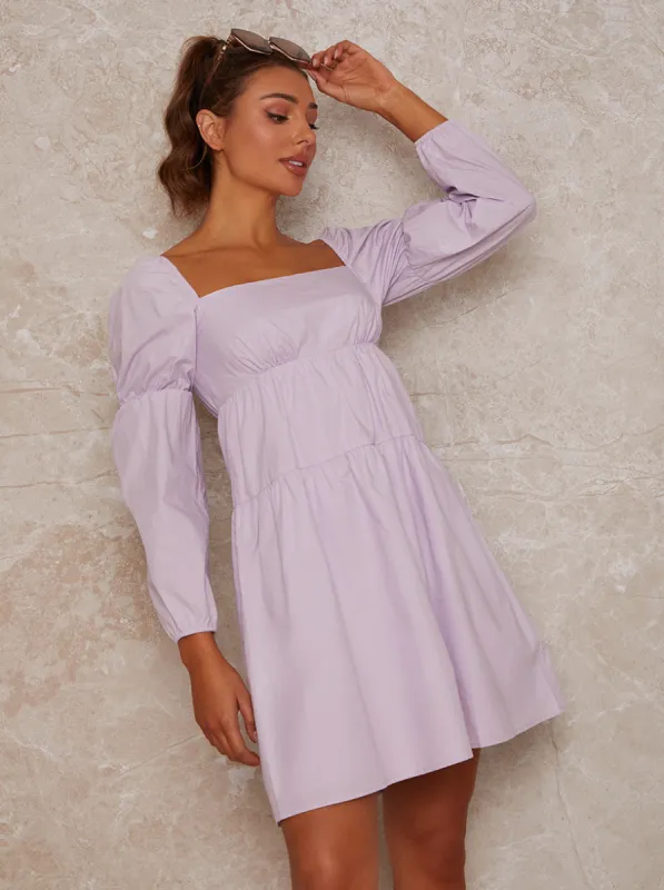 Puff Sleeve Mini Day Dress in Lilac sold by Chi Chi London