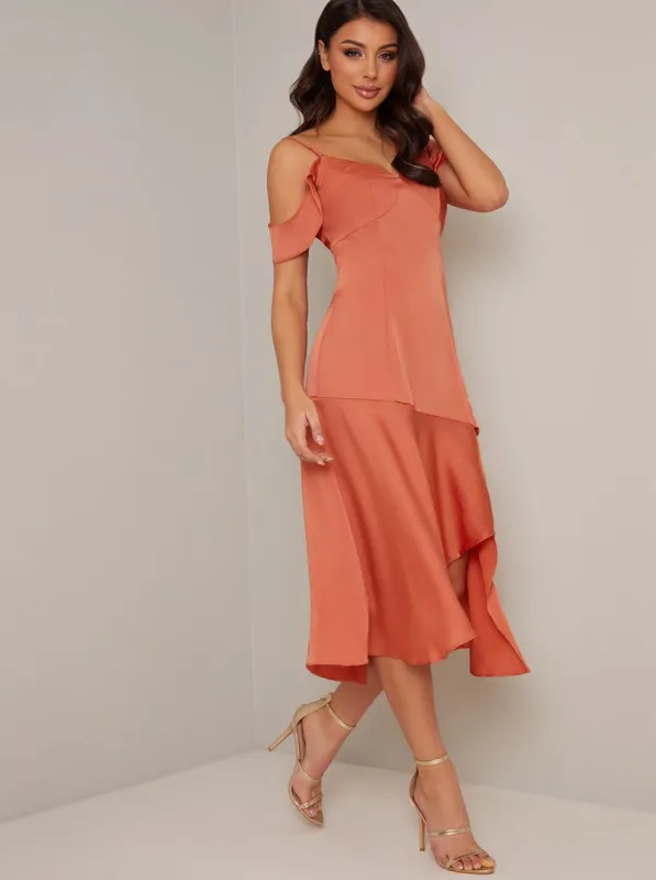 One Shoulder Graduated Hem Midi Dress in Orange sold by Chi Chi London