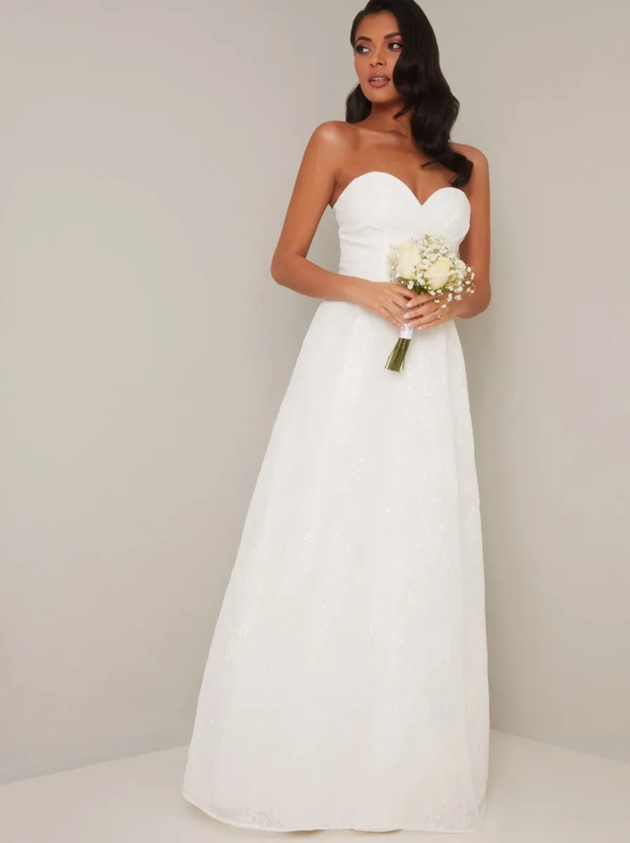Bridal Strapless Embroidered Wedding Dress in White sold by Chi Chi London