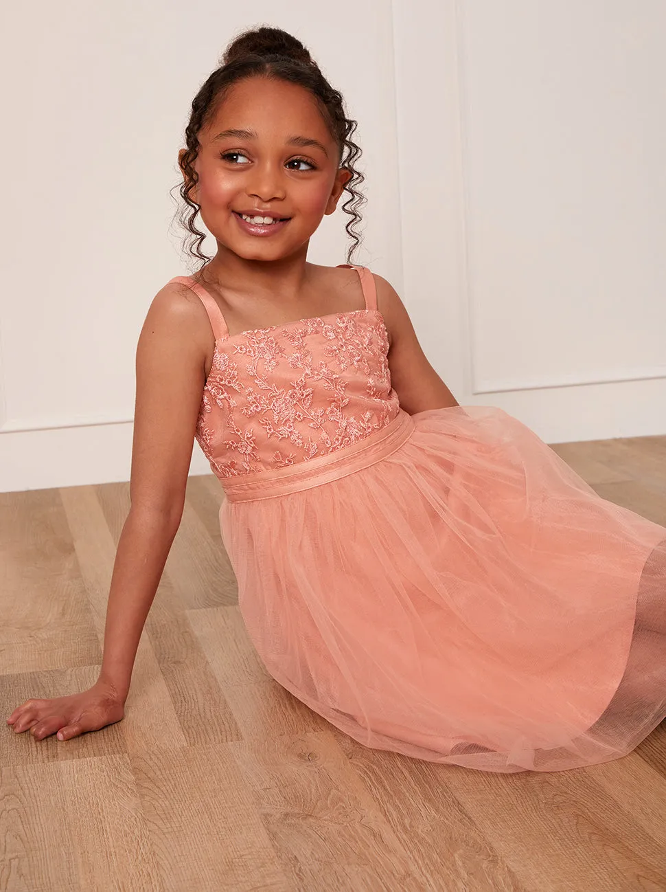 Younger Girls Embroidered Lace Tulle Midi Dress in Coral sold by Chi Chi London product image thumbnail 4