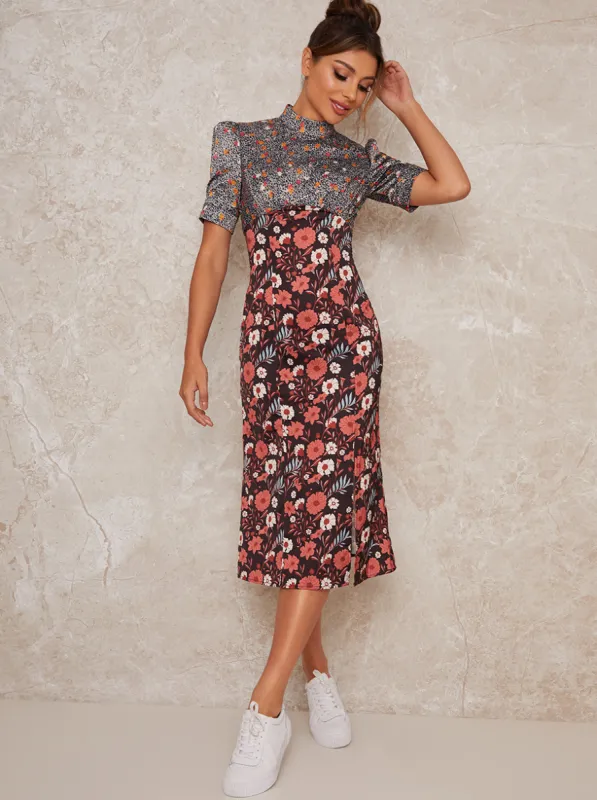 High Neck Short Sleeve Mix Floral Midi Dress in Black sold by Chi Chi London
