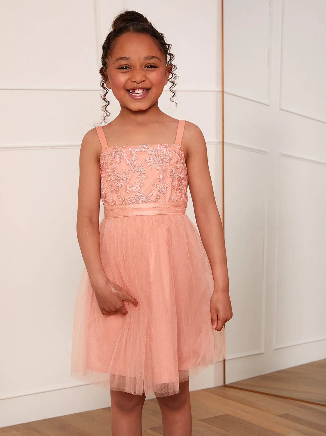 Younger Girls Embroidered Lace Tulle Midi Dress in Coral sold by Chi Chi London product image thumbnail 2