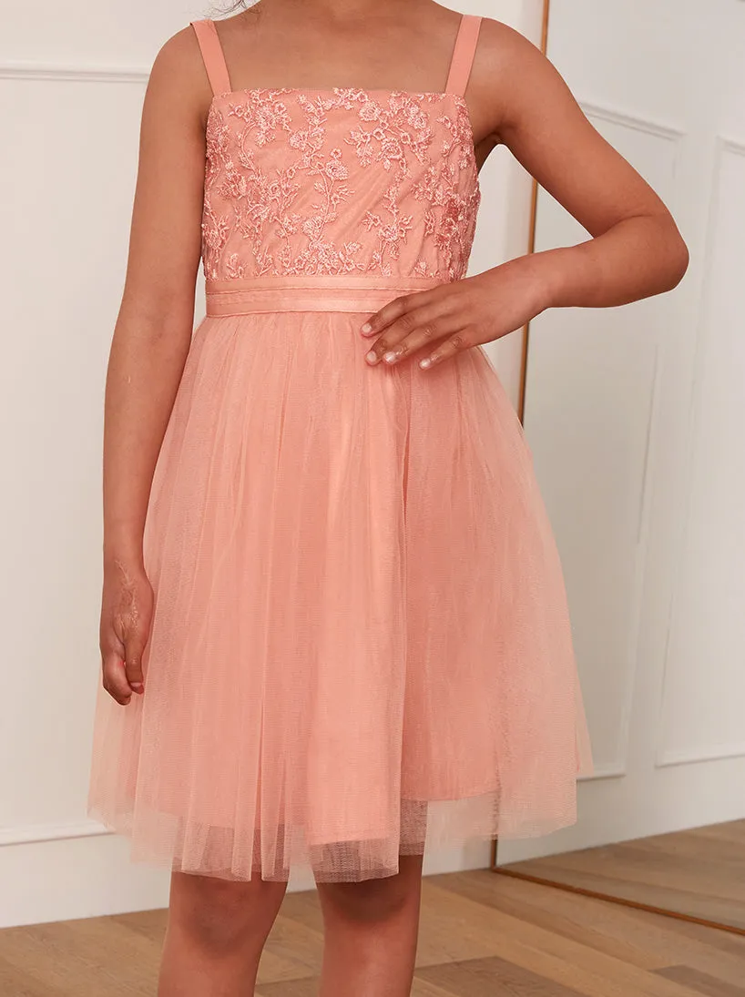 Younger Girls Embroidered Lace Tulle Midi Dress in Coral sold by Chi Chi London product image thumbnail 3