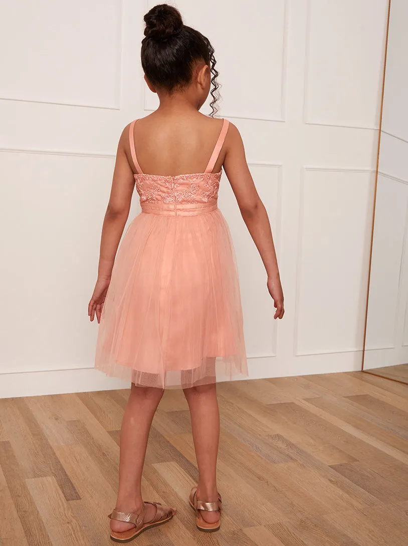 Younger Girls Embroidered Lace Tulle Midi Dress in Coral sold by Chi Chi London product image thumbnail 5