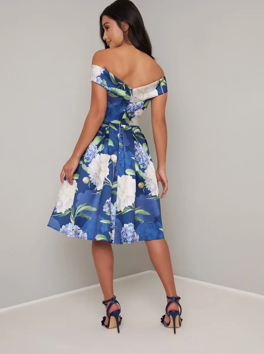 Floral Printed Petite Midi Dress in Blue sold by Chi Chi London