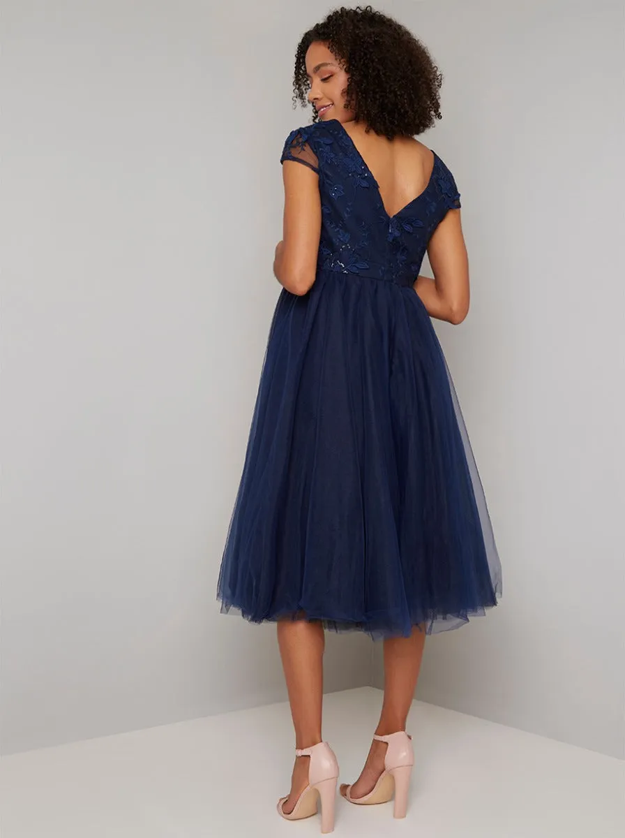 Maternity Cap Sleeve 3D Floral Bodice Skater Dress in Navy sold by Chi Chi London product image thumbnail 3