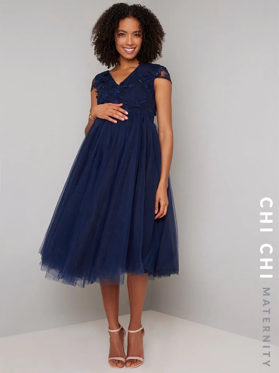 Maternity Cap Sleeve 3D Floral Bodice Skater Dress in Navy sold by Chi Chi London product image thumbnail 4