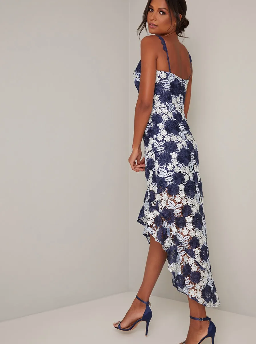 Ruffle Hem Lace Crochet Dip Hem Midi Dress in Blue sold by Chi Chi London product image thumbnail 4