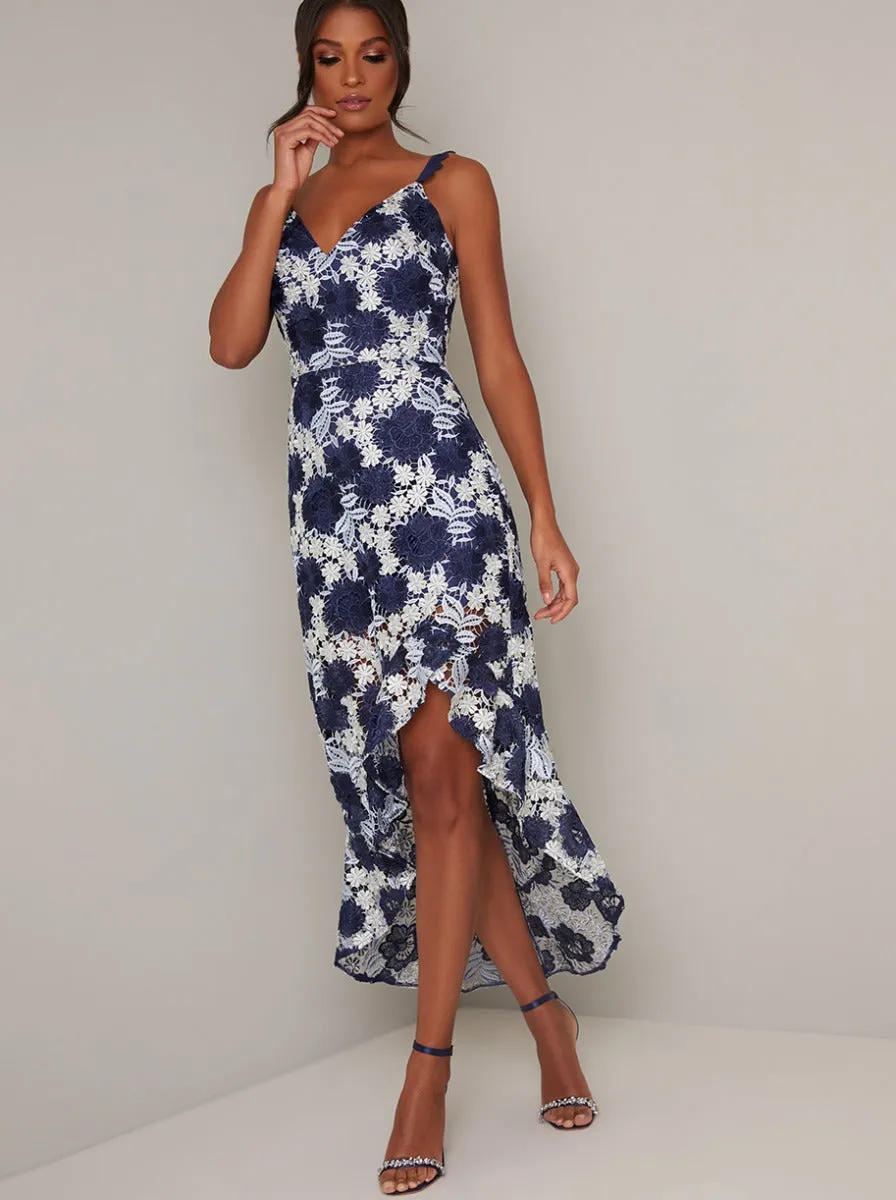 Ruffle Hem Lace Crochet Dip Hem Midi Dress in Blue sold by Chi Chi London