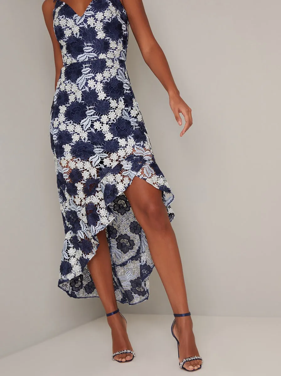 Ruffle Hem Lace Crochet Dip Hem Midi Dress in Blue sold by Chi Chi London product image thumbnail 3