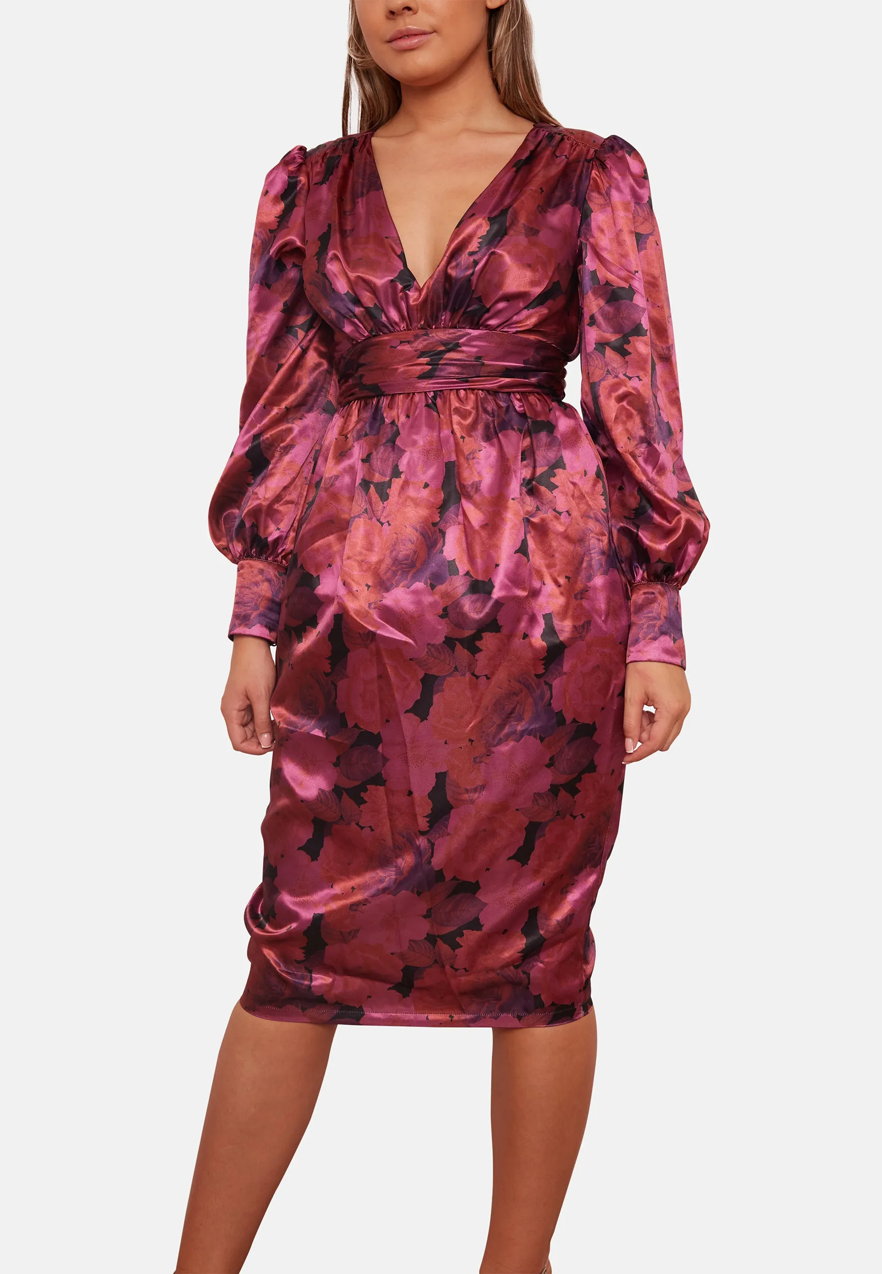 Long Sleeve V Neck Floral Print Midi Dress in Purple sold by Chi Chi London product image thumbnail 4