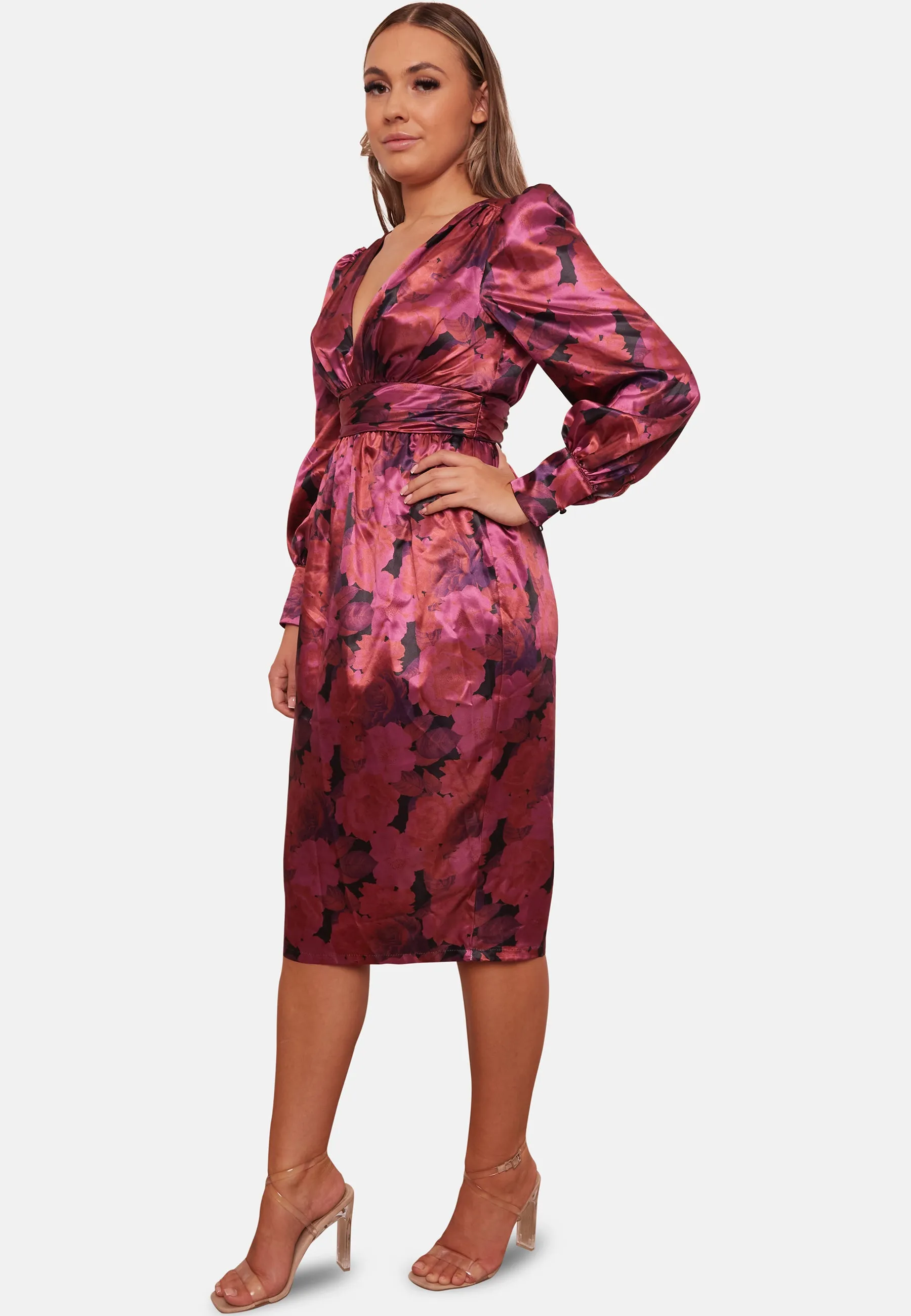 Long Sleeve V Neck Floral Print Midi Dress in Purple sold by Chi Chi London product image thumbnail 5