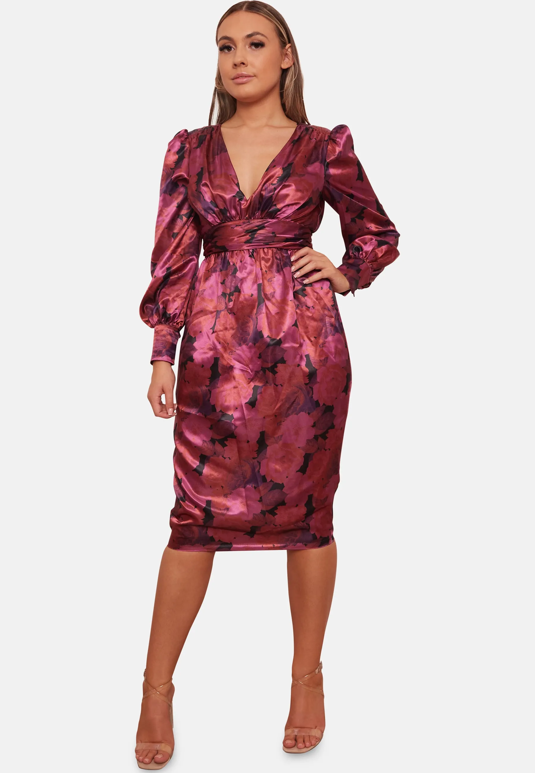 Long Sleeve V Neck Floral Print Midi Dress in Purple sold by Chi Chi London product image thumbnail 2