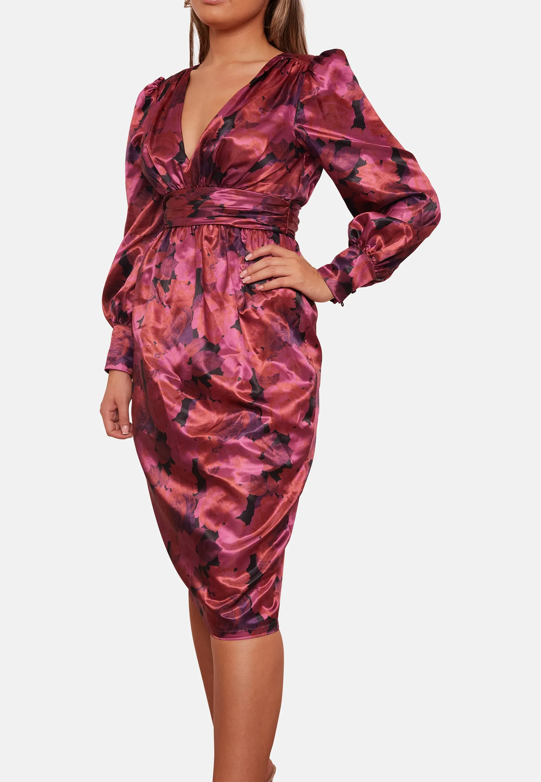 Long Sleeve V Neck Floral Print Midi Dress in Purple sold by Chi Chi London