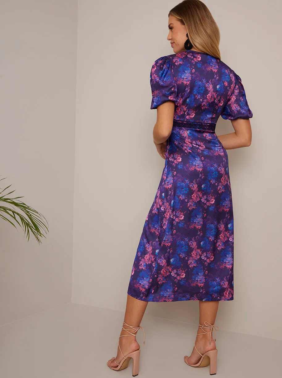 Puff Sleeve Lace Insert Floral Midi Dress in Purple sold by Chi Chi London product image thumbnail 2