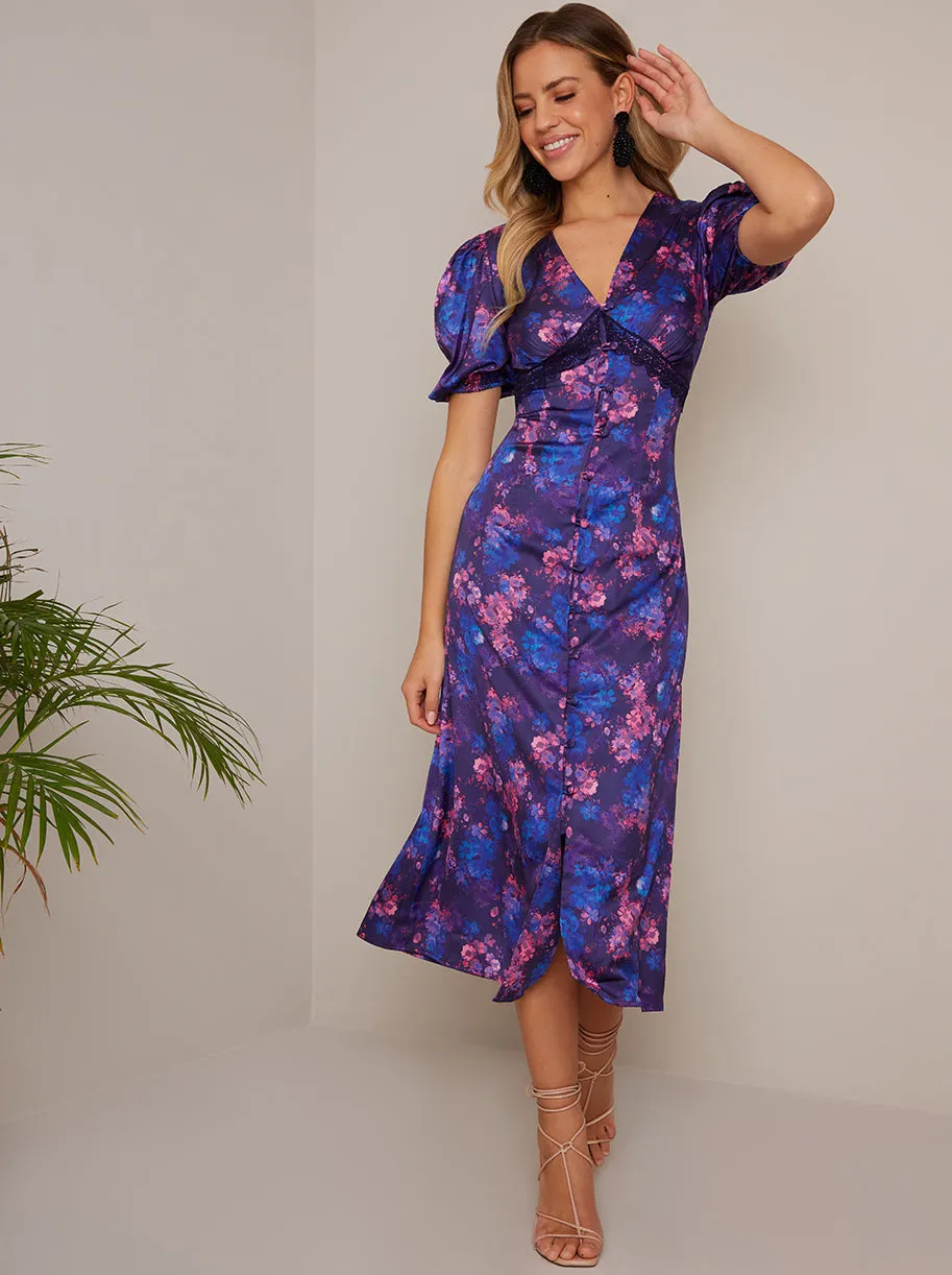 Puff Sleeve Lace Insert Floral Midi Dress in Purple sold by Chi Chi London
