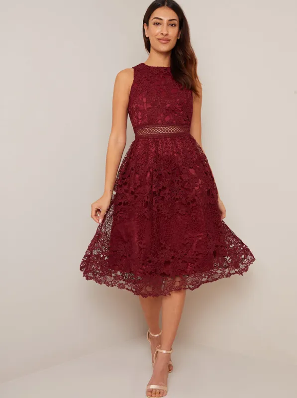 Sleeveless Crochet Midi Dress in Burgundy sold by Chi Chi London