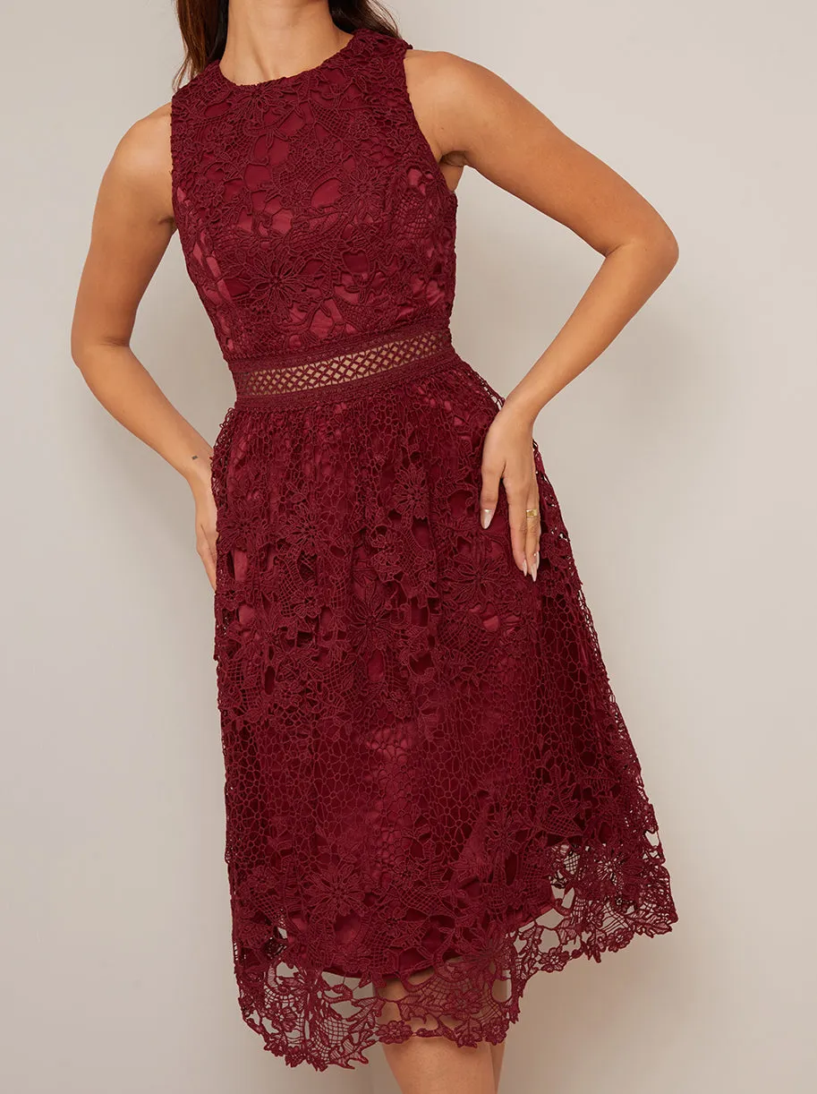 Sleeveless Crochet Midi Dress in Burgundy sold by Chi Chi London product image thumbnail 3