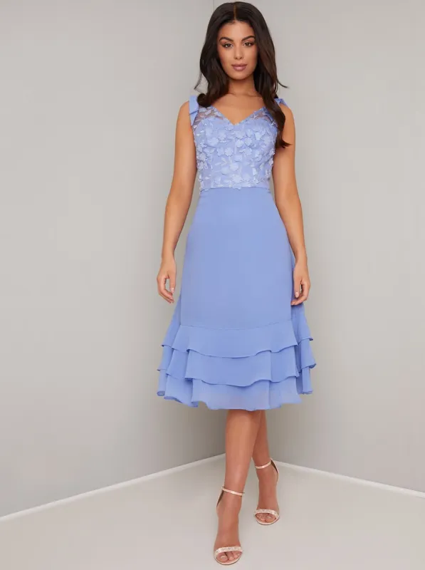 Floral 3D Bodice Ruffle Hem Midi Dress In Blue sold by Chi Chi London