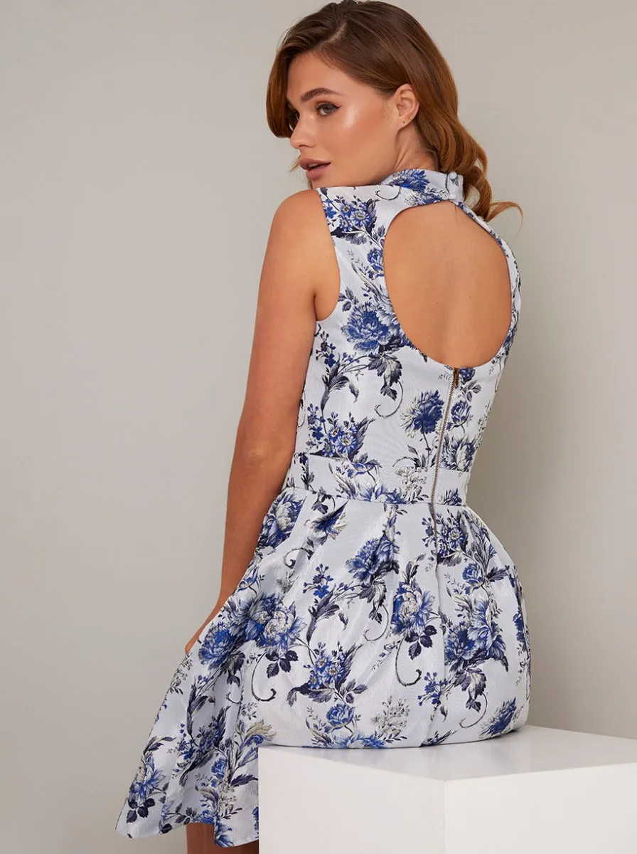 High Neck Jacquard Cut Out Mini Dress in Blue sold by Chi Chi London product image thumbnail 2