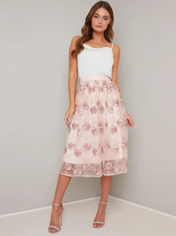 Floral Overlay Embroidered Midi Skirt in Pink sold by Chi Chi London