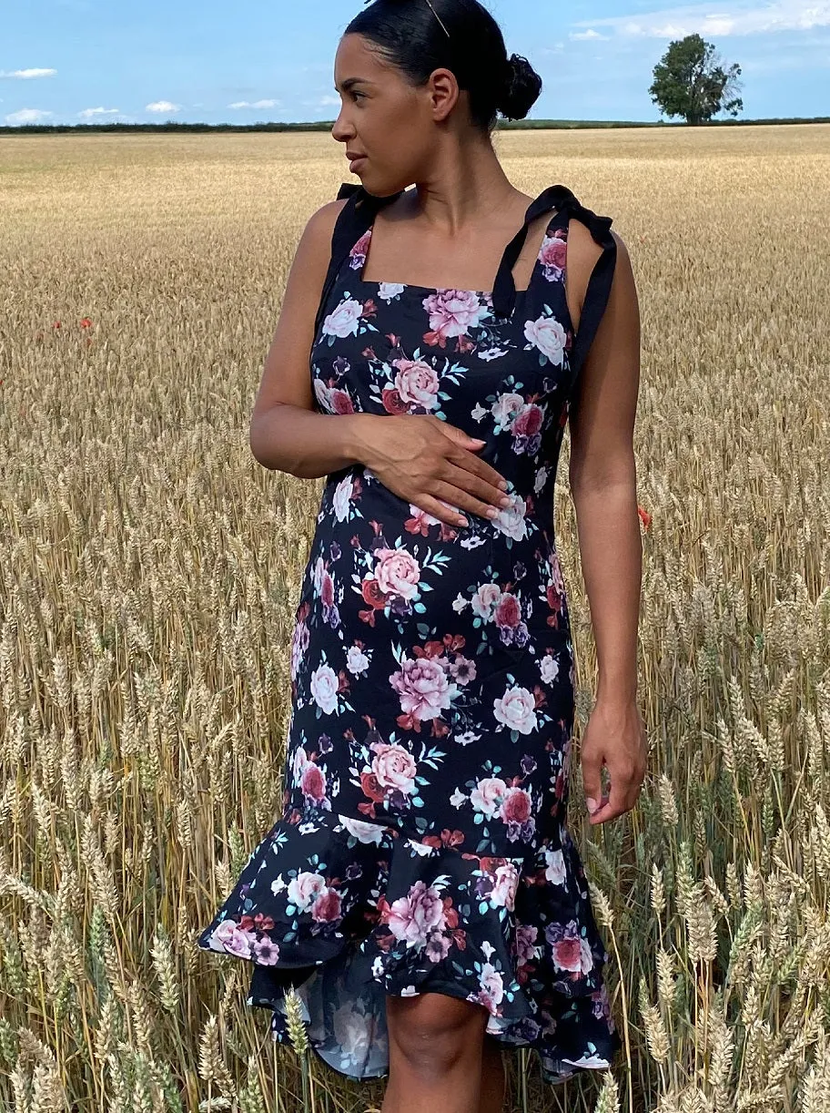 Maternity Floral Print Peplum Hem Midi Dress in Black sold by Chi Chi London
