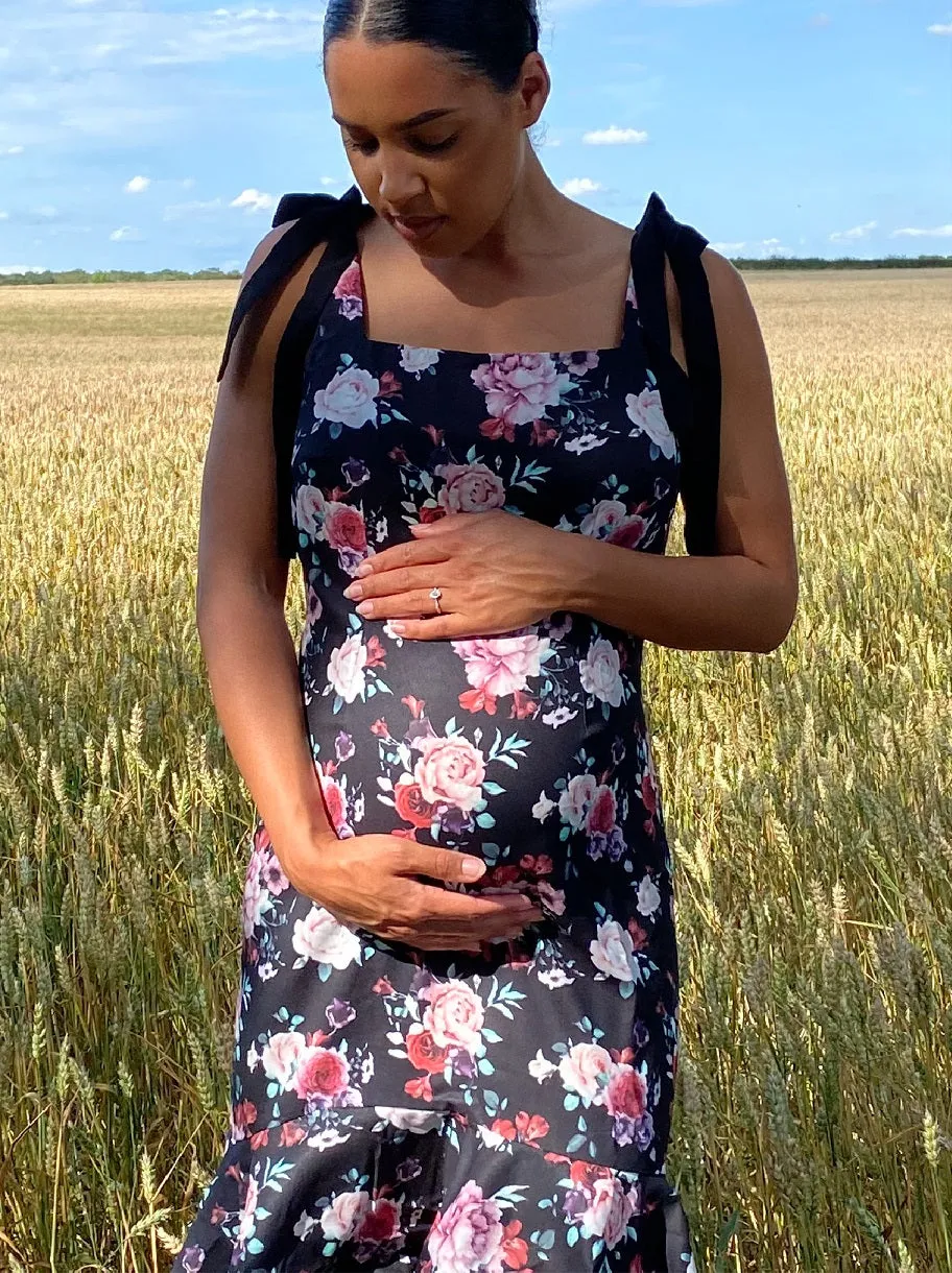 Maternity Floral Print Peplum Hem Midi Dress in Black sold by Chi Chi London product image thumbnail 3