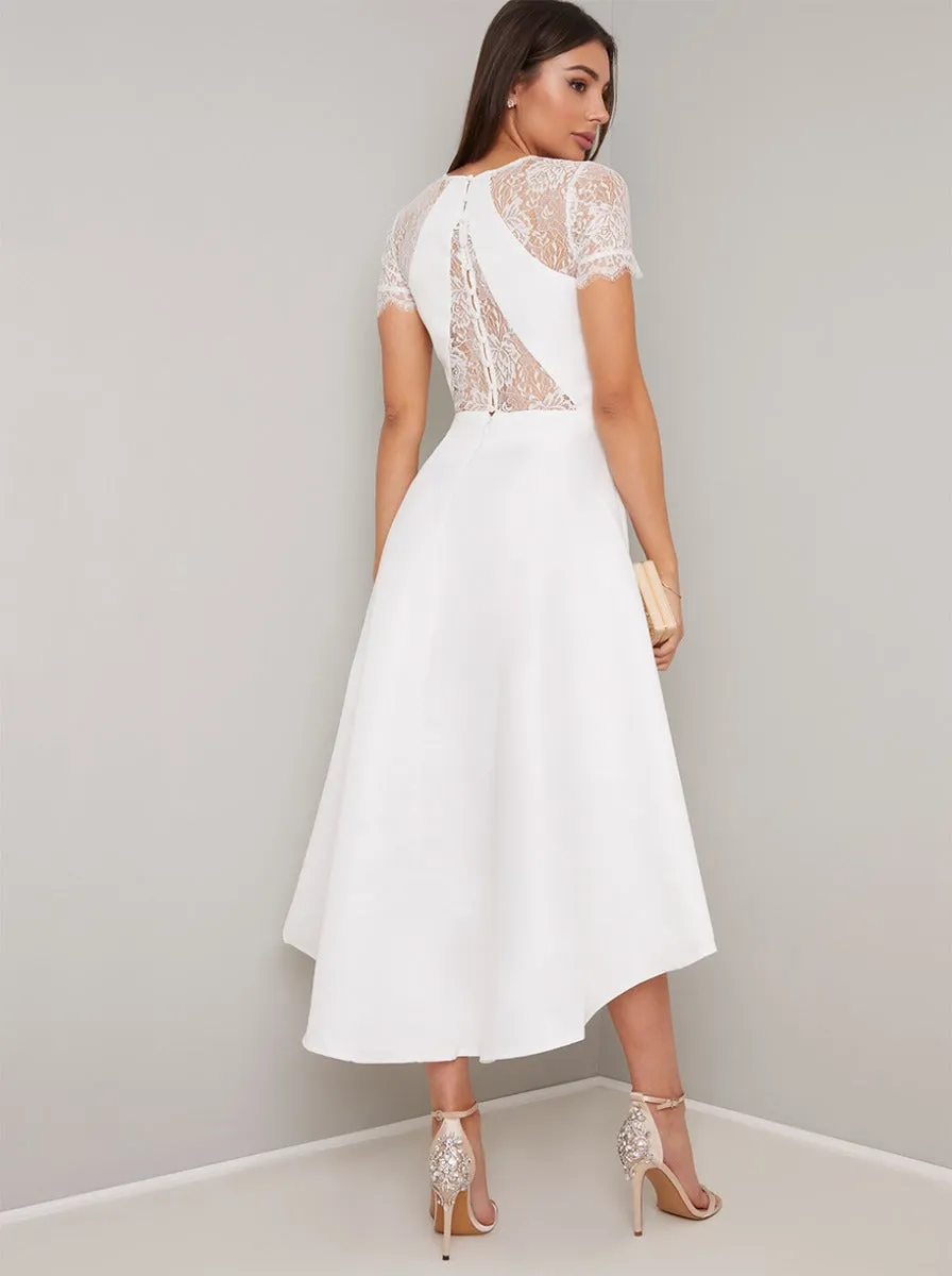 Sheer Lace Bodice Dip Hem Midi Dress in White sold by Chi Chi London product image thumbnail 2