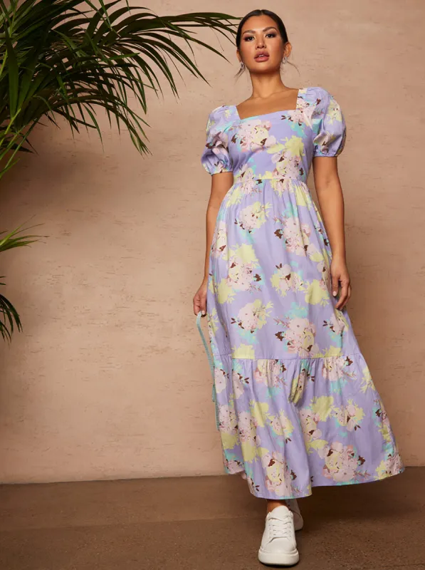 Floral Printed Tie Back Maxi Dress in Blue sold by Chi Chi London