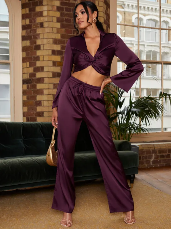 Satin Twist Front Shirt in Purple sold by Chi Chi London