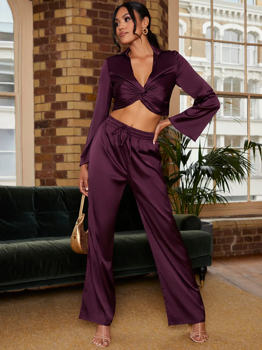 Satin Twist Front Shirt in Purple sold by Chi Chi London