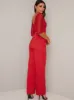 Long Sleeve Lace Bodice Wide Leg Jumpsuit In Red sold by Chi Chi London