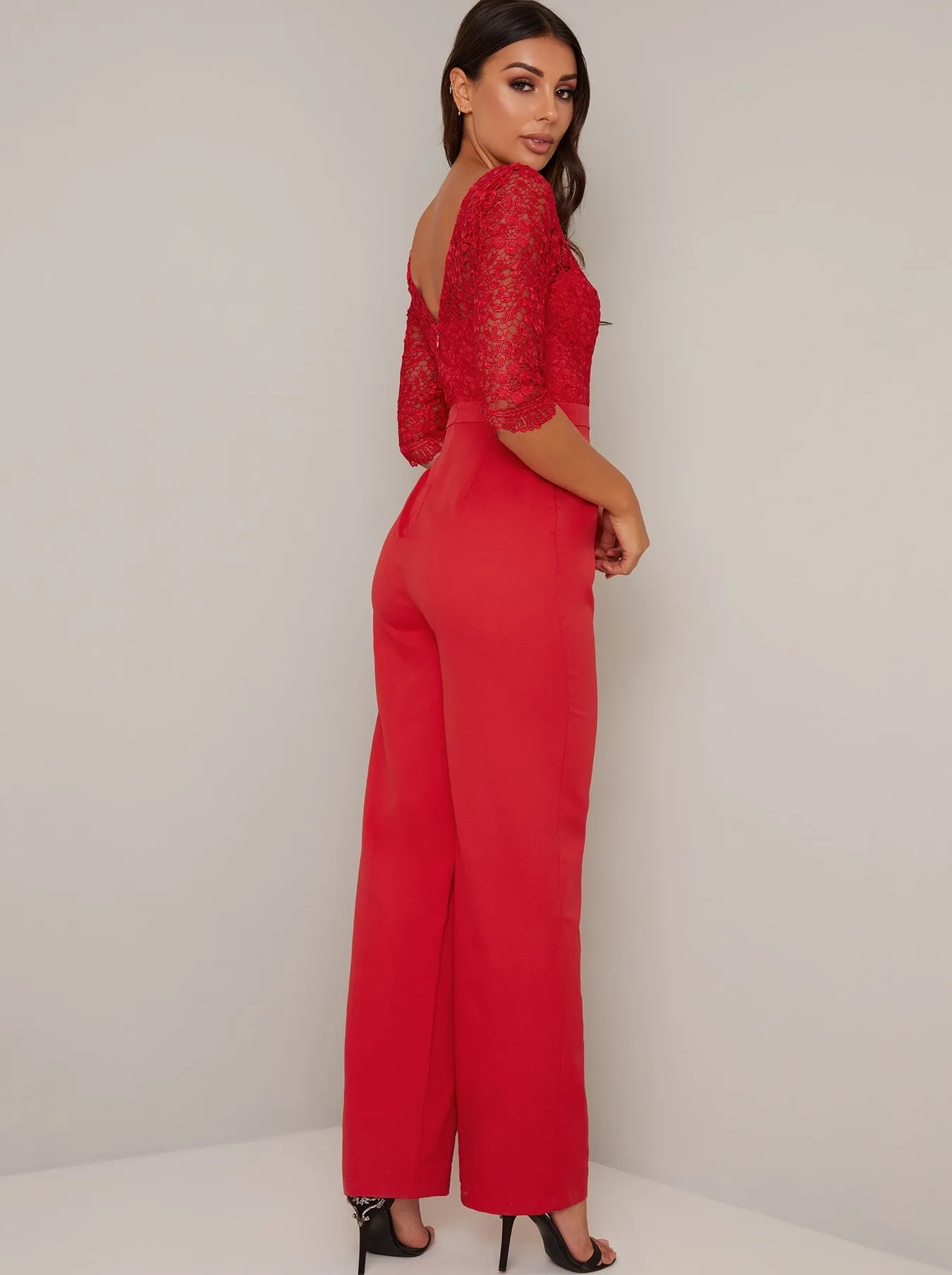 Long Sleeve Lace Bodice Wide Leg Jumpsuit In Red sold by Chi Chi London product image thumbnail 4