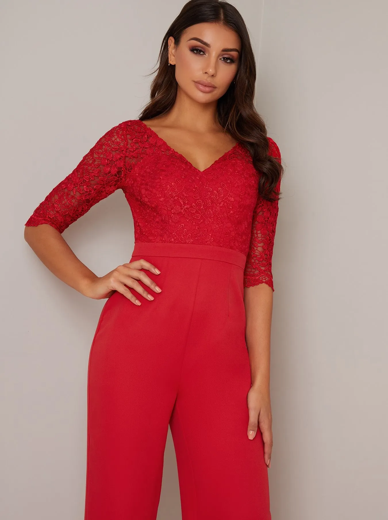 Long Sleeve Lace Bodice Wide Leg Jumpsuit In Red sold by Chi Chi London product image thumbnail 2
