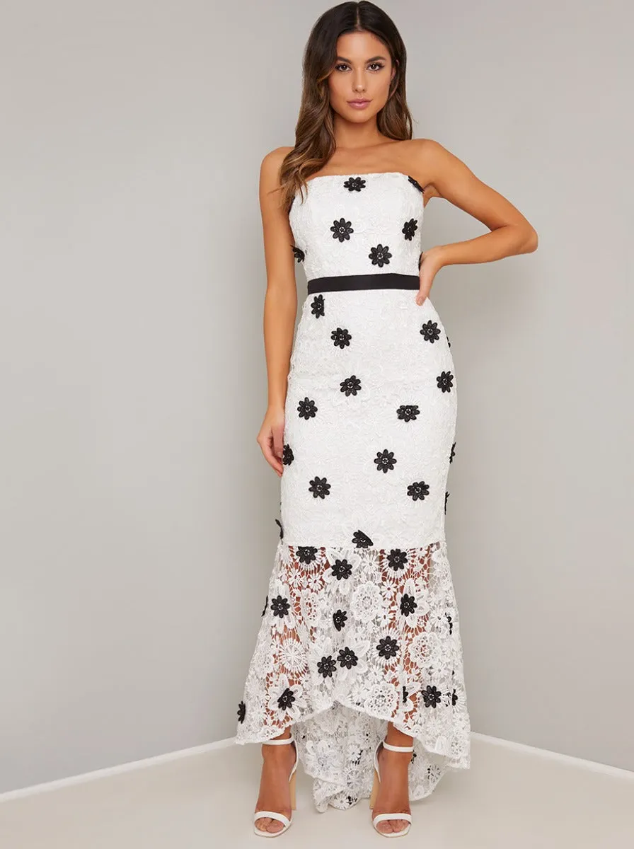 Bandeau Bodycon Lace Fishtail Maxi Dress in White sold by Chi Chi London