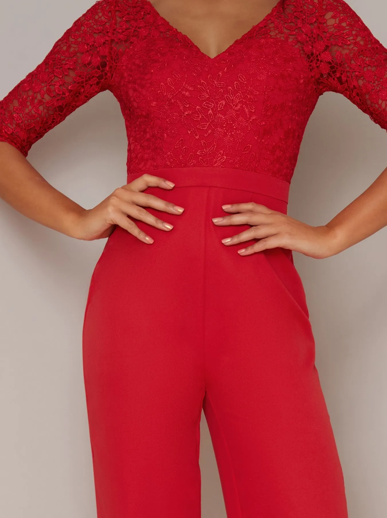 Long Sleeve Lace Bodice Wide Leg Jumpsuit In Red sold by Chi Chi London product image thumbnail 3