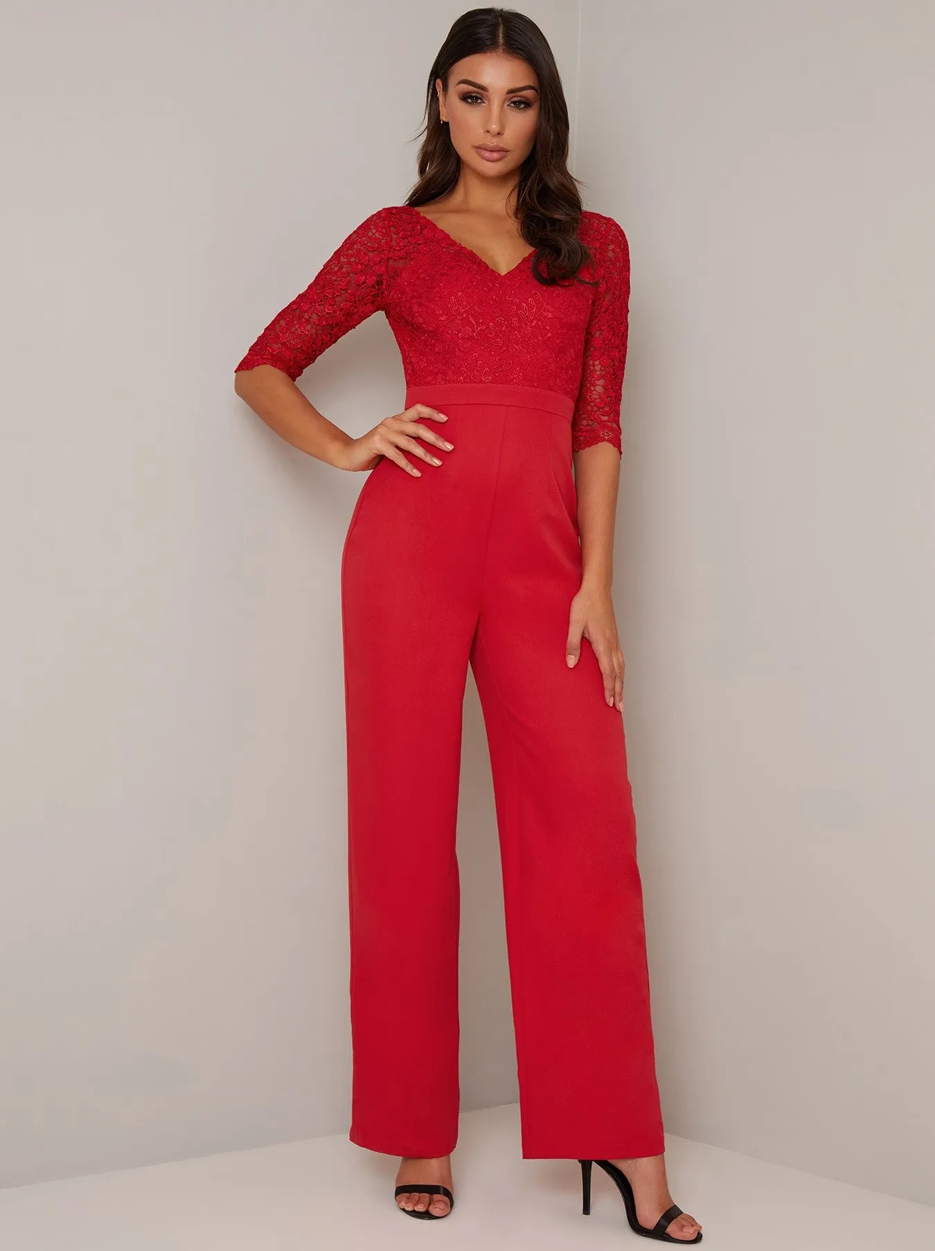 Long Sleeve Lace Bodice Wide Leg Jumpsuit In Red sold by Chi Chi London
