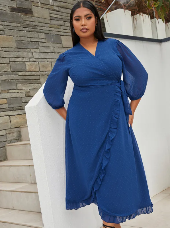 Plus Size Short Sleeve Dobby Wrap Midi Dress in Cobalt sold by Chi Chi London