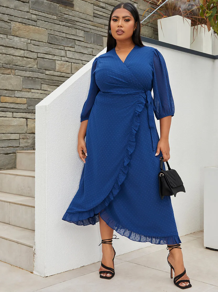 Plus Size Short Sleeve Dobby Wrap Midi Dress in Cobalt sold by Chi Chi London product image thumbnail 3