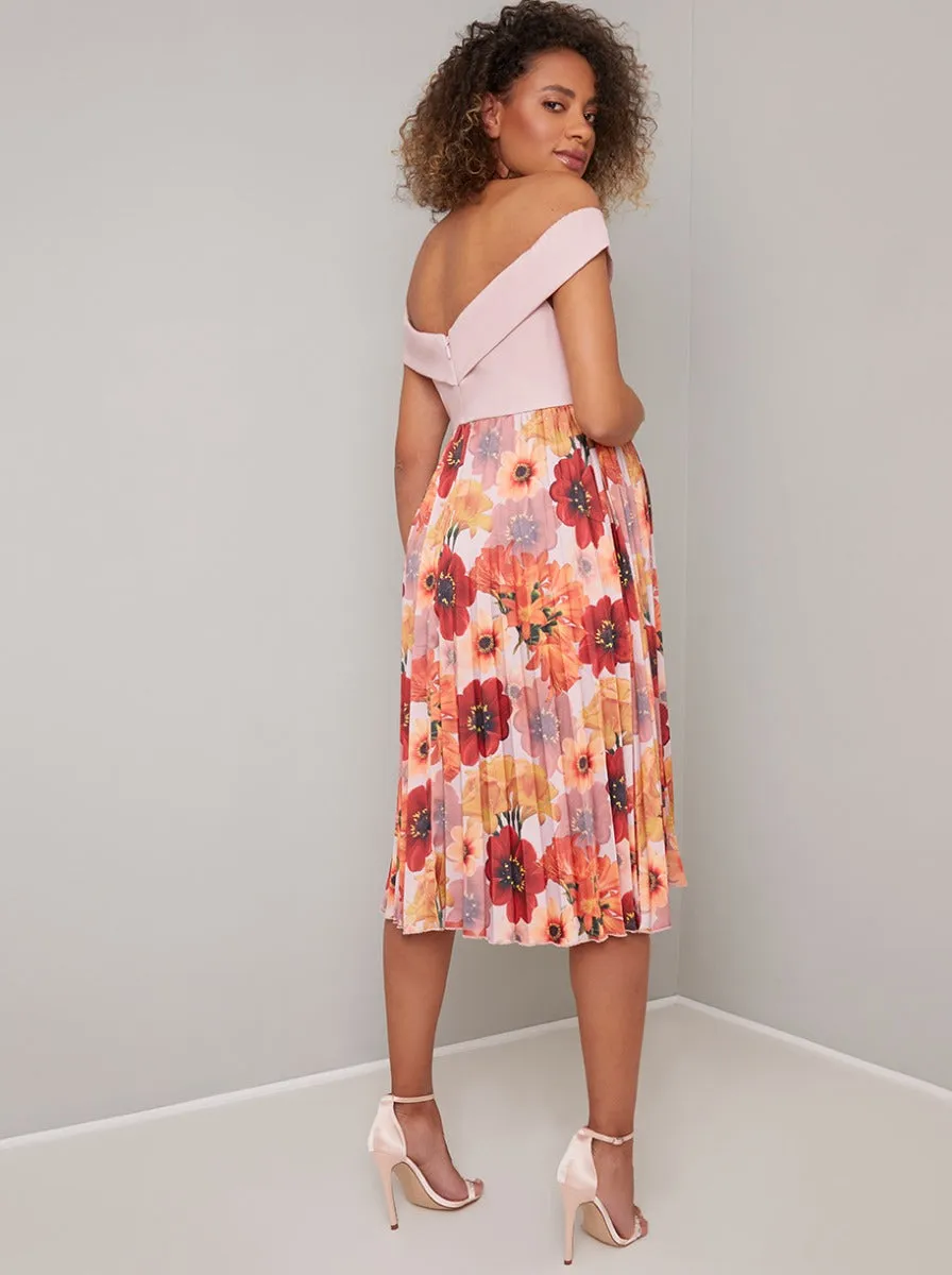 Floral Fold Over Bardot Midi Maternity Dress in Pink sold by Chi Chi London product image thumbnail 2