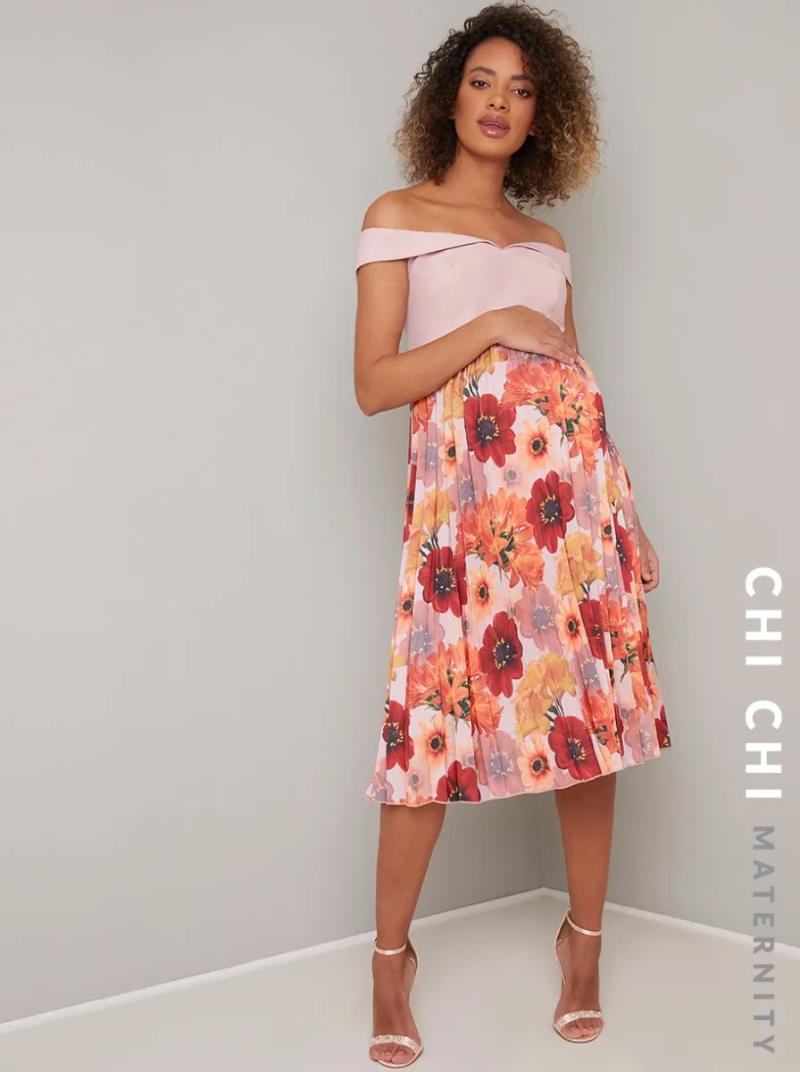 Floral Fold Over Bardot Midi Maternity Dress in Pink sold by Chi Chi London product image thumbnail 3