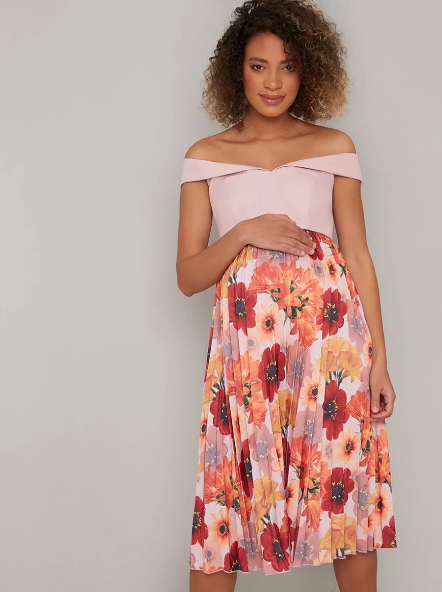 Floral Fold Over Bardot Midi Maternity Dress in Pink sold by Chi Chi London